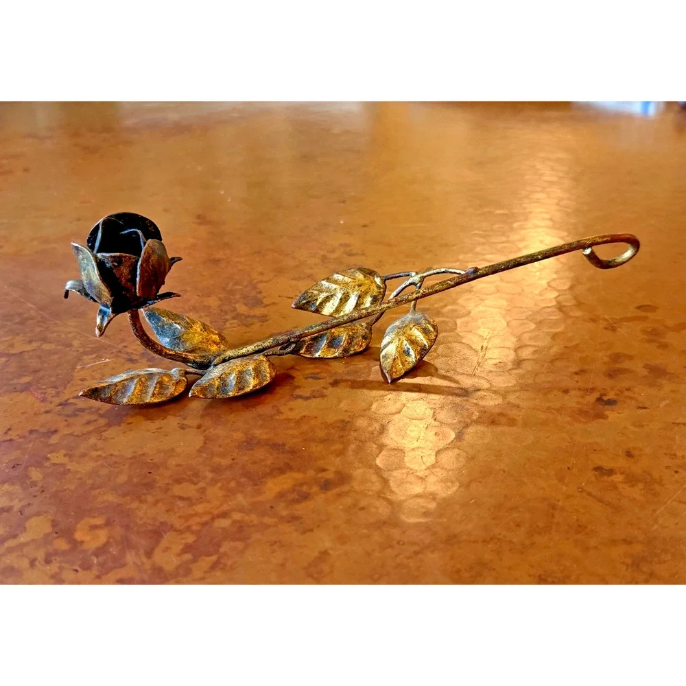 Vintage Tole Rose Candle Snuffer Gold Metal Flower Long Handle 9.5 in Antique